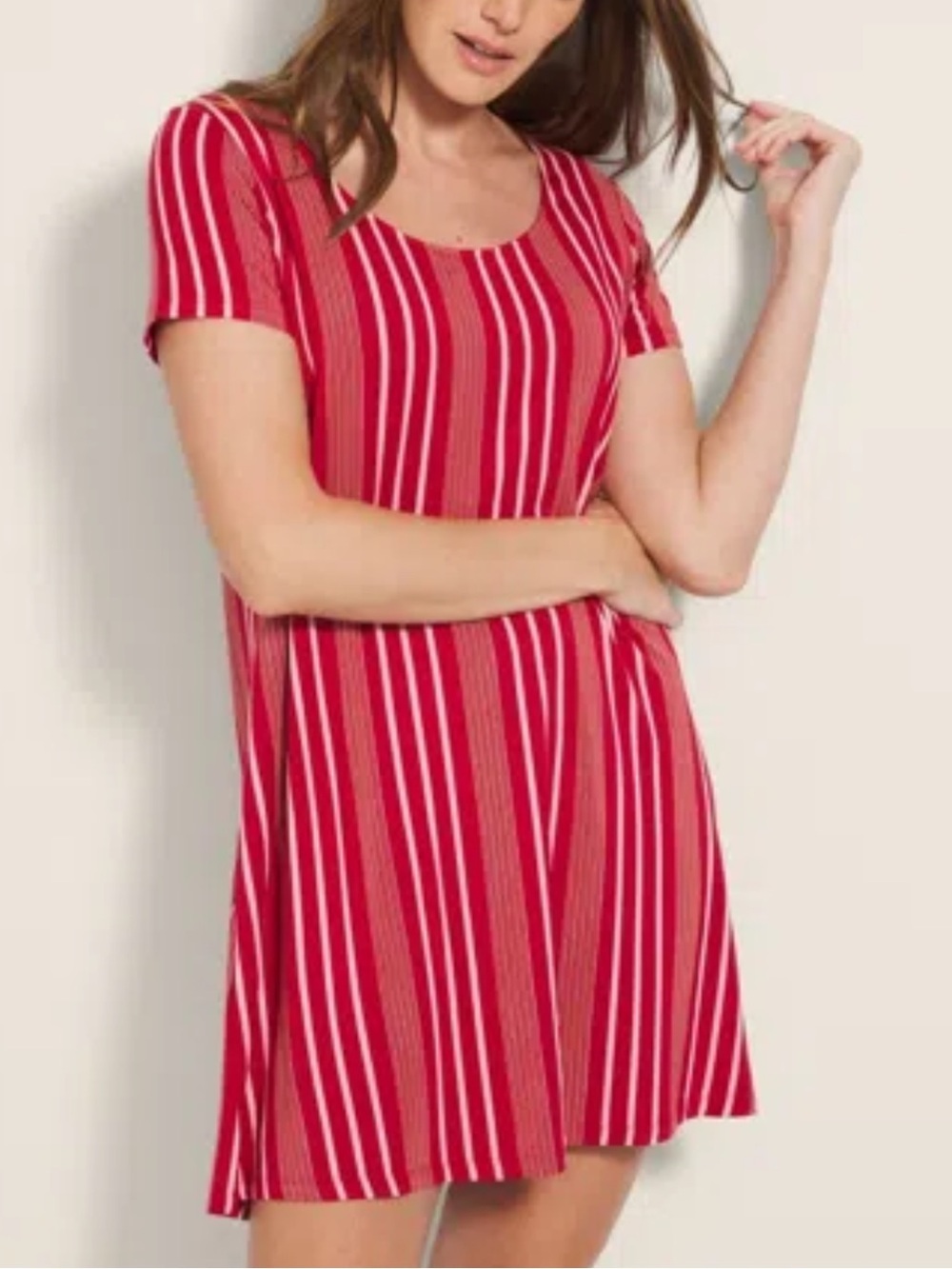 SOMA Cool Nights Red Striped Short Sleeve Scoop Neck Nightie Stretch Comfy L
